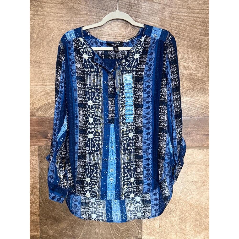 NWT Nine West Blue Long Sleeve Button Placket Geometric Pattern Blouse Large